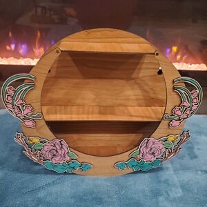 Floral Wooden Wall Shelf with Pink and Green Accents